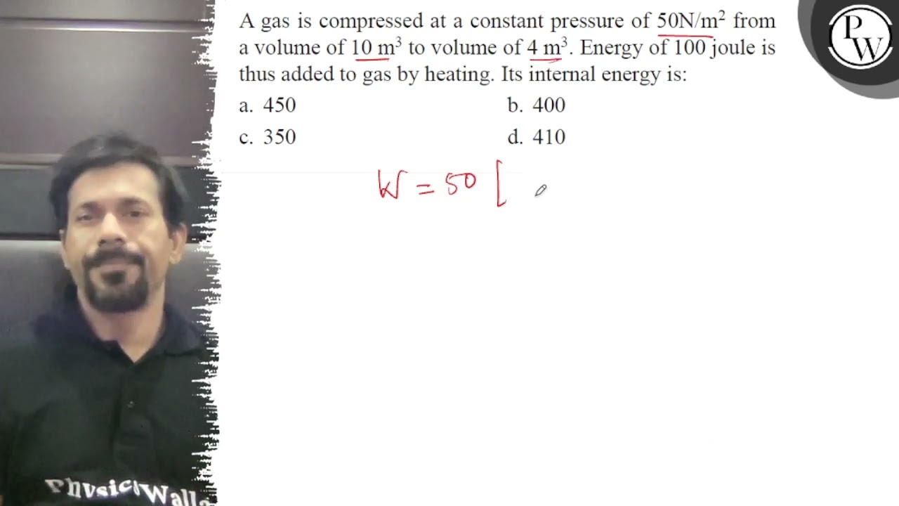 A gas is compressed at a constant pressure of \( 50 \mathrm{~N} / \...
