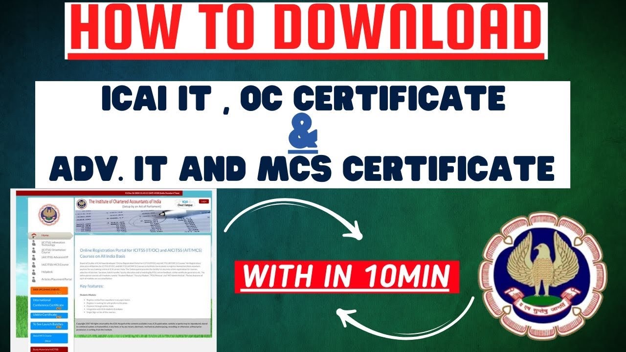 How to Download ICAI IT,Oc Certificate & ADV It & MCS certificate win In 10 min