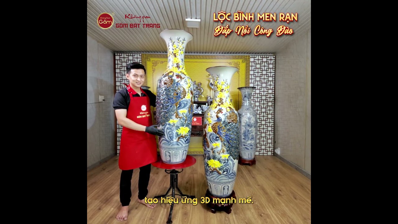 Lộc Bình 1M4 Men Rạn Đắp Nổi Họa Tiết Công Đào
