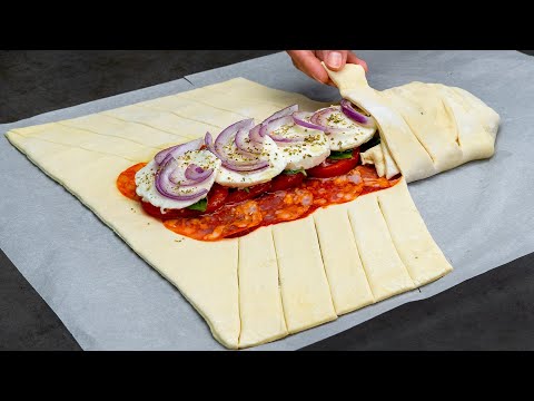 Caprese appetizer in 25 min. Puff pastry roulade with spicy salami, in the oven