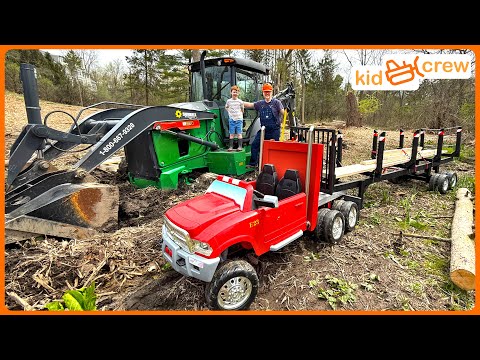Excavating stuck backhoe with kids ride on semi truck and doing backhoe work. Educational | Kid Crew