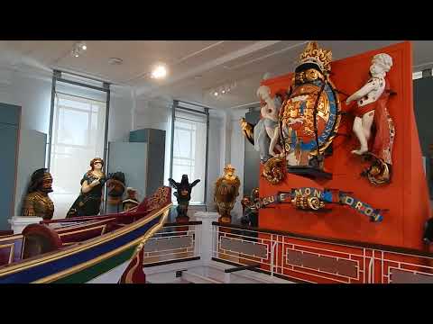Portsmouth Historic Ships, the Victory gallery, figureheads and Nelsons funeral barge of 1806.