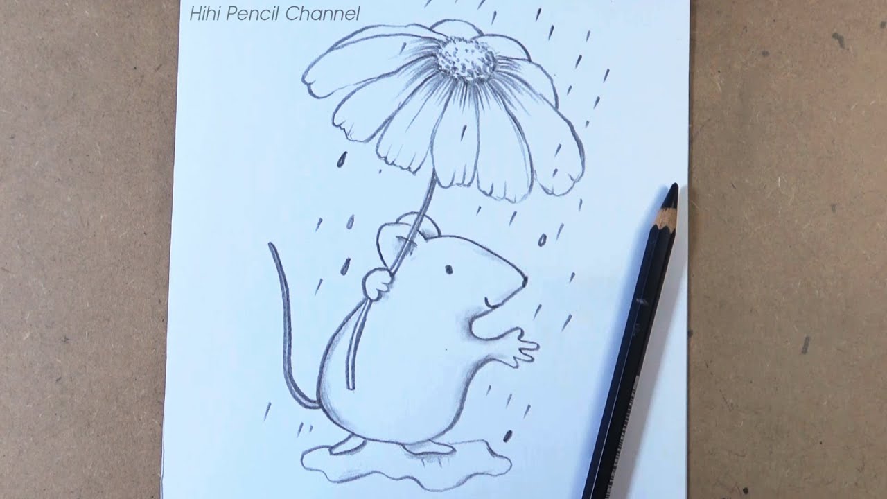 How to Draw a Cute Mouse holding Flower | Pencil drawing