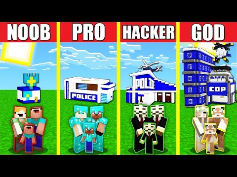 Minecraft Battle: POLICE STATION HOUSE BUILD CHALLENGE - NOOB vs PRO vs HACKER vs GOD / Animation