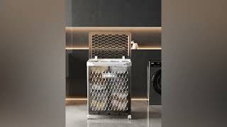 سلة ملابس بعجلات وغطاء لون ابيض