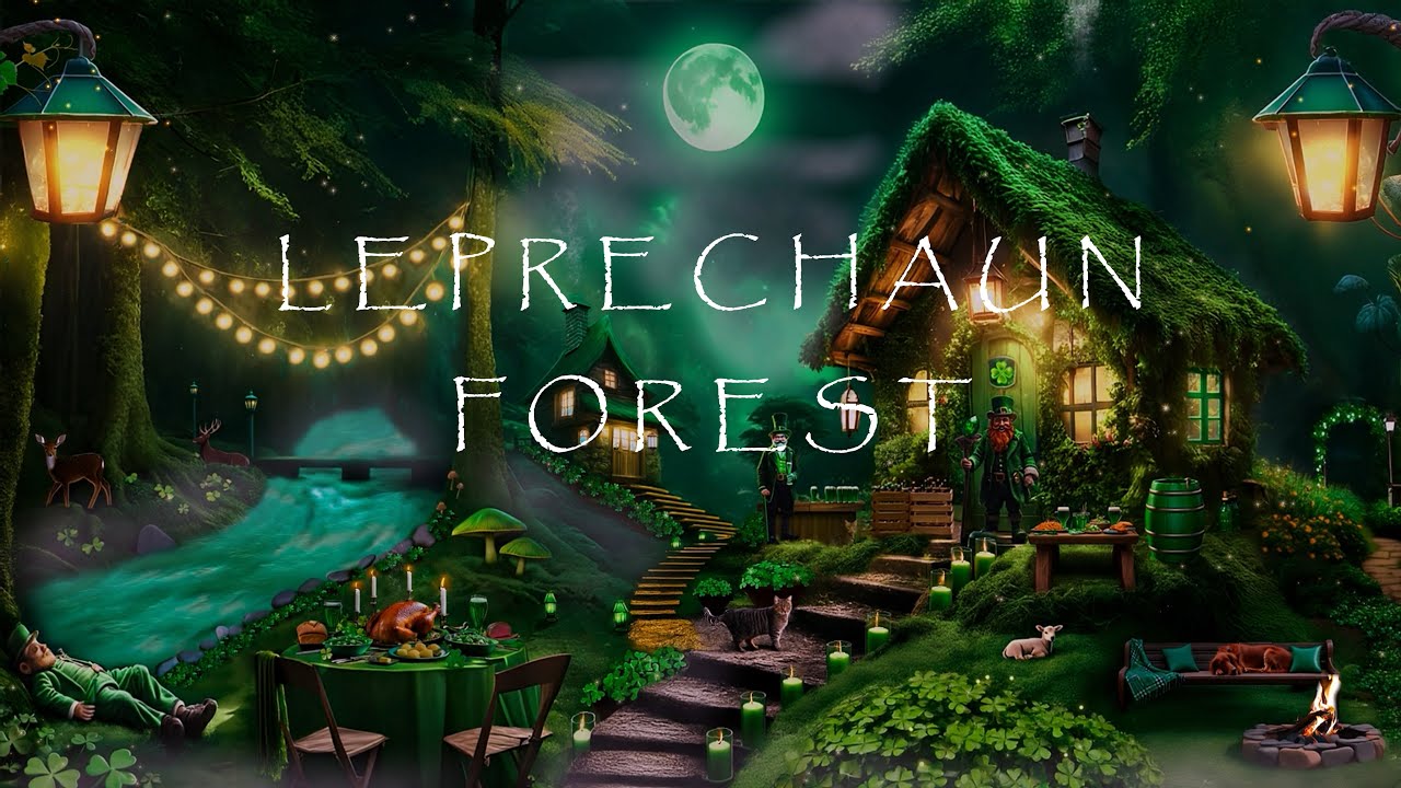LEPRECHAUN PARTY IN THE FOREST-SAINT PATRICKS DAY CELEBRATION-SOFT CREEK-FOREST SOUNDS-DISTANT MUSIC