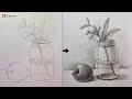 Glass Flower Vase With Apple Still Life Drawing To Shading Step By Step