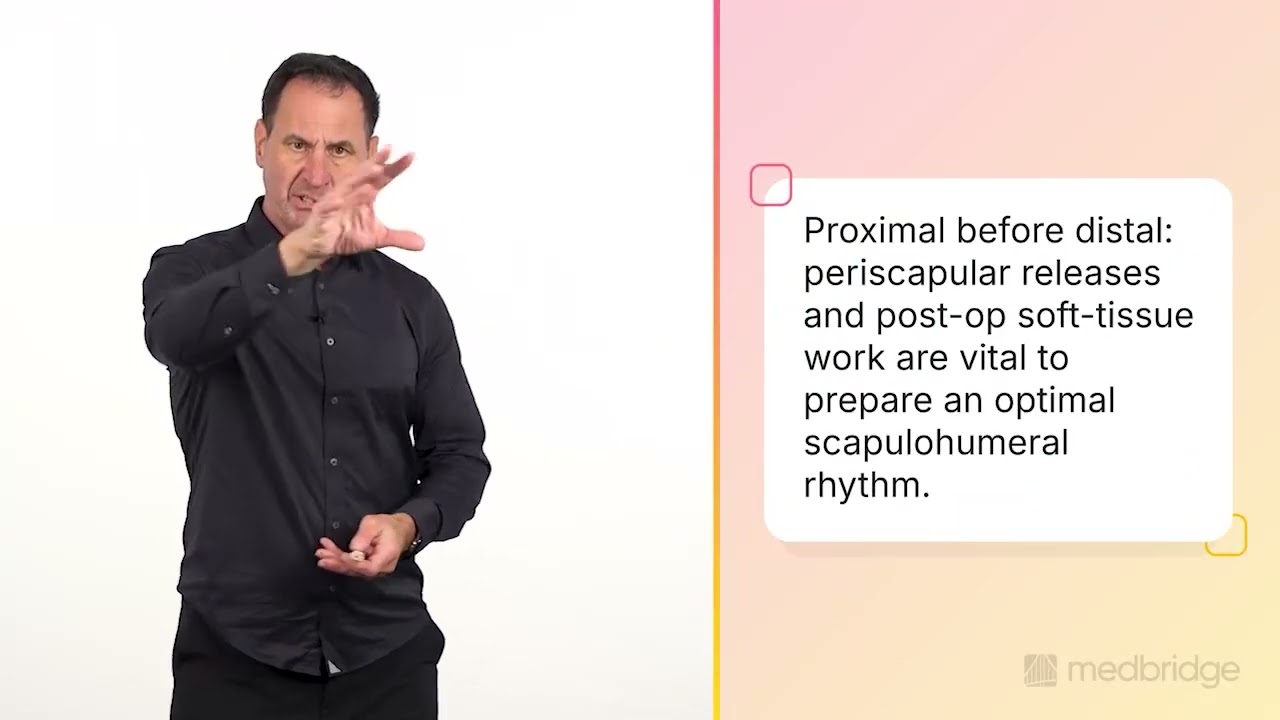 A man gestures beside a slide on Medbridge about periscapular release education and post-op soft-tissue work.