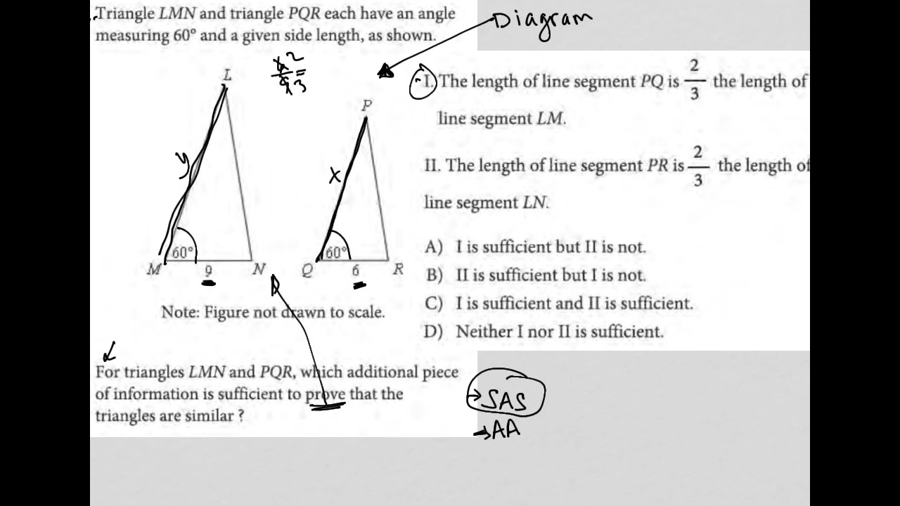 Triangle LMN and triangle PQR each have an angle measuring 60 degrees and a given side length....