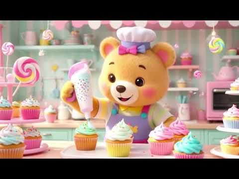 A candy-themed bear baker decorates pastel cupcakes in a kawaii bakery.