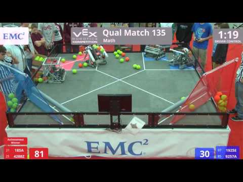 VEX Worlds 2016 - VRC High School - Math - Qual 135 (185A 4288Z) 243 vs 162 (1925E 9257A)