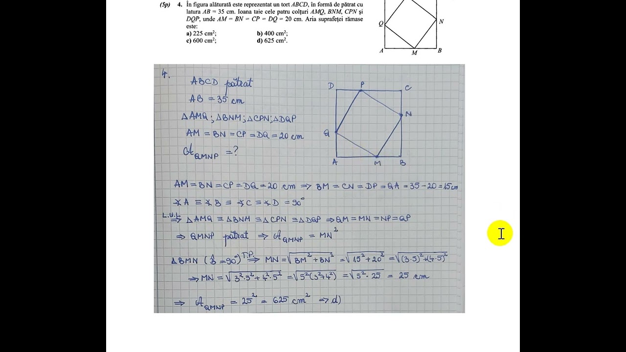 In figura alaturata este reprezentat un tort ABCD, in forma de patrat cu latura AB=35cm. Ioana taie