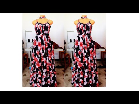 jifunze jinsi ya kukata gauni la mwendokasi wa marinda shingoni la kutoa nchi na kiungo kwa chini