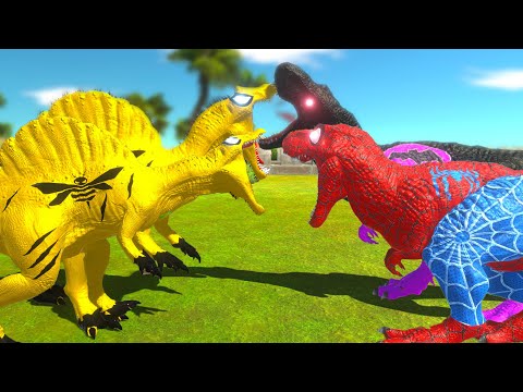 2X BUMBLEBEE SPINO vs 2X BATMAN T-REX vs 2X SPIDERMAN T-REX - Animal Revolt Battle Simulator