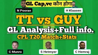 tt vs guy cpl t20 dream11 team of today match| tt vs guy dream11 prediction