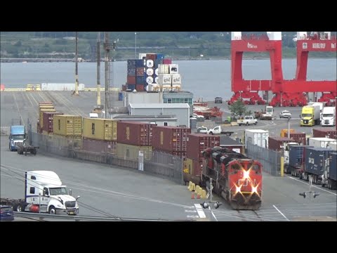 Awesome View! Pair M-2s Work Train CN 519 Pull Intermodal Stacks from PSA Atlantic Hub - Halifax, NS