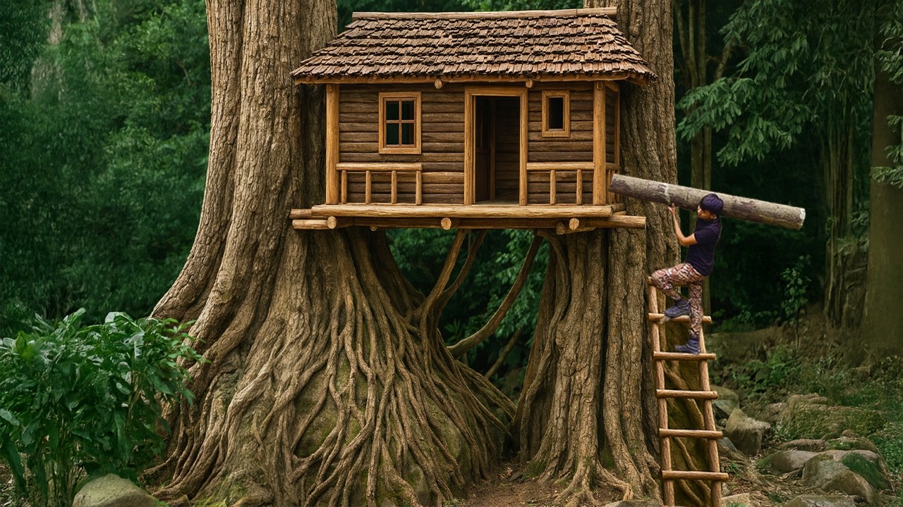 Building a Log Cabin on Giant Tree Trunks | Bushcraft Survival House