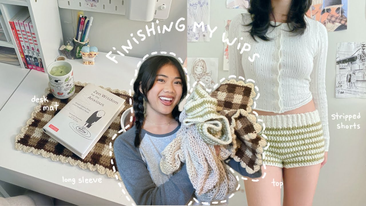 finishing my crochet wips!! 🍈 crochet stripped shorts, desk mat, knit long sleeve top
