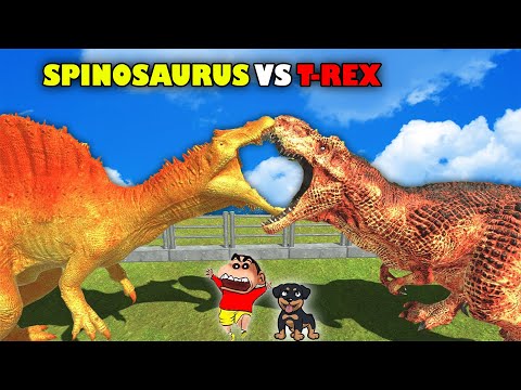 SHINCHAN and CHOP Fights T-REX vs SPINOSAURUS DINOSAUR😱 |Animal Revolt Battle Simulator|😂Funny Hindi