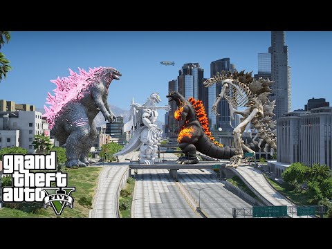 Godzilla x Mechagodzilla II vs Godzilla Skeleton, Burning Godzilla - Epic Fight ( GTA V Mods )