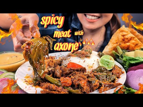 COOKING & EATING SPICY MEAT GRAVY WITH AXONE | EATING SPICY MEAT GRAVY WITH STICKY RICE & CHUTNEY 