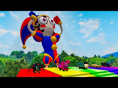 Double Flatbed Trailer Truck vs Speedbumps with MONSTERS Big & Small Cars with POMNI | BeamNG.Drive