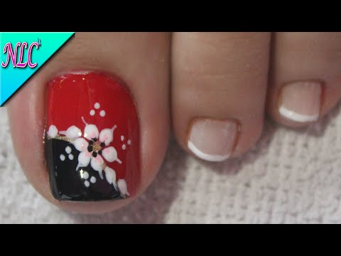 DISEÑO DE UÑAS PARA PIES FLOR NEGRO Y ROJO CON FRANCÉS ¡Muy fácil! – FLOWERS NAIL ART – NLC