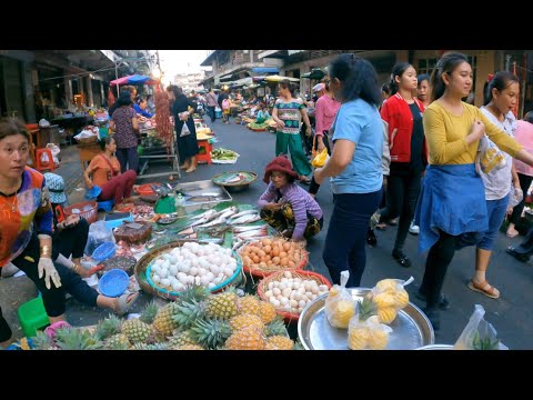 Amazing Cambodian street food | Vegetable, fruit, Beef, Pork, Fish, Seafood at Orussey Market