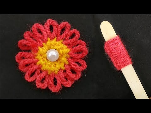 Super easy woolen flower using ice cream stick - Embroidery flower with popsicle - Wool craft