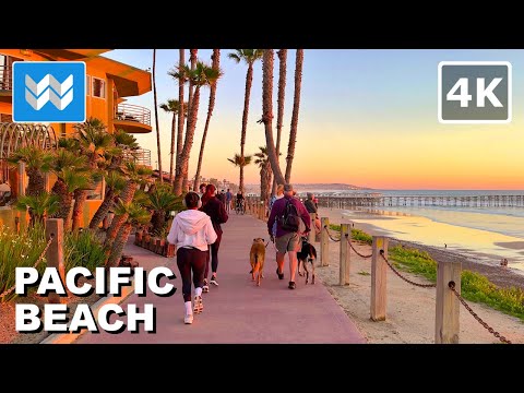 [4K] Sunset at Pacific Beach (PB) in San Diego, California USA - Walking Tour Vlog & Travel Guide 🎧