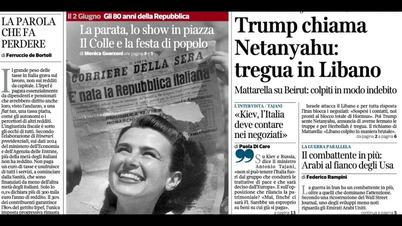 RASSEGNA STAMPA 2 GIUGNO 2026. QUOTIDIANI NAZIONALI ITALIANI  PRIME PAGINE DEI GIORNALI DI OGGI.