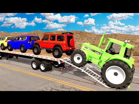TRANSPORTING PIXAR CARS & FRUITS WITH COLORED & JOHN DEERE vs CLAAS vs TRACTORS - BeamNG.drive #983