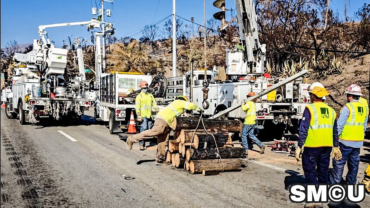 LADWP Crews Replace Wooden Power Poles with Metal Poles Along PCH in Malibu After Palisades Fire