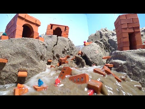 Mini Bricks Construction Of Miniature Houses In Danger By The Dam Collapse!