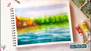 Reflection on Water | Watercolor Cottage near Lake Illustration | Landscape Painting| Paint It