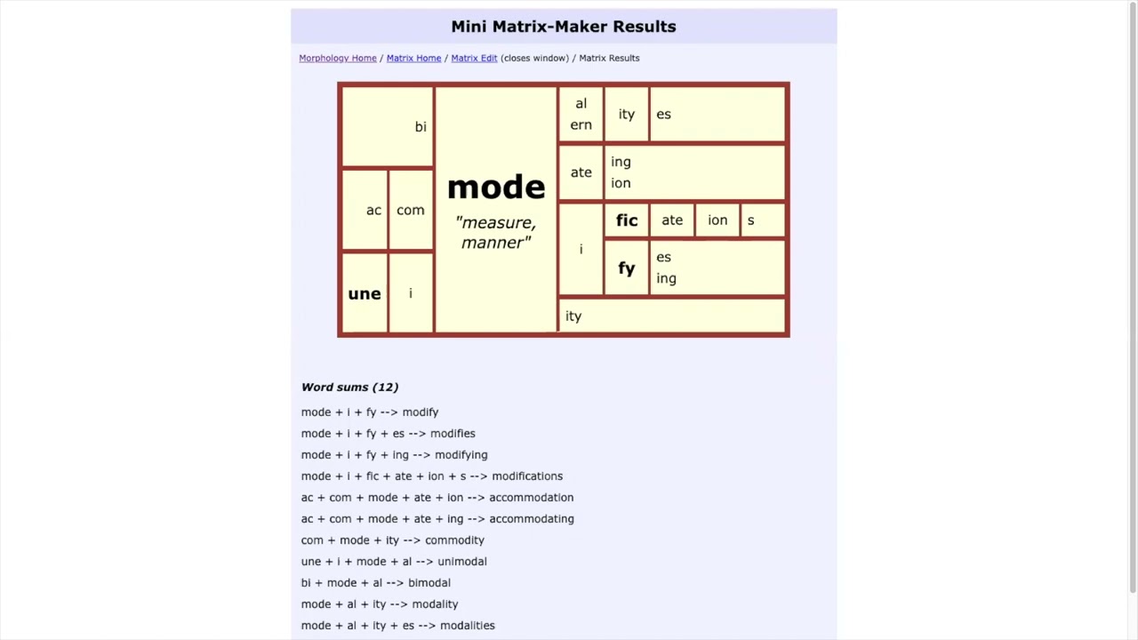 Morphology Resources for Teachers: Mini Matrix Maker