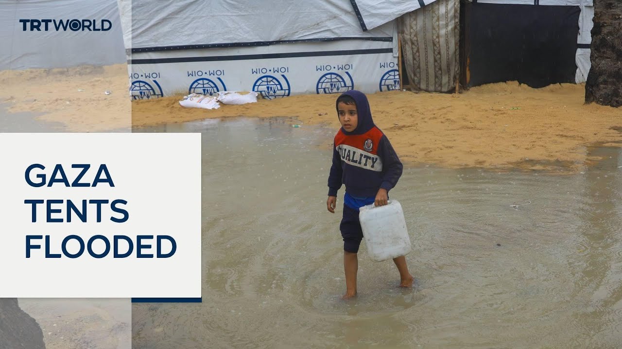 Downpours flood makeshift tents sheltering thousands of displaced Gazans