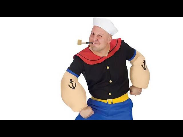 Vídeo relacionado con Funidelia Disfraz Oficial de Popeye para hombre, Incluye camisa con cuello, brazos acolchados, cinturón, pantalón y gorra - Traje para adultos para fiestas, Carnaval y Halloween - Talla XL