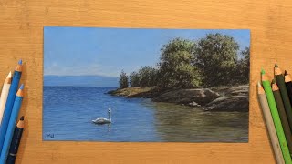 Swan on the River - Landscape in Colored Pencil