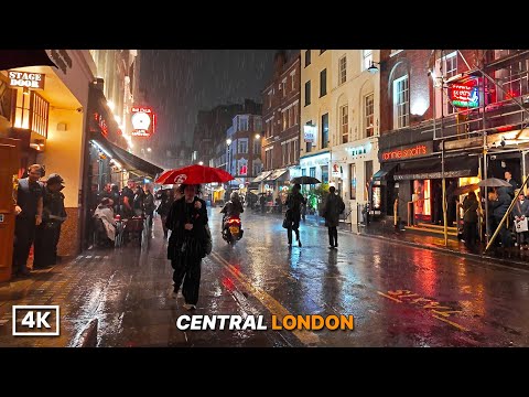 LONDON RAIN WALK 🌧️ Piccadilly Circus at Night | Chinatown & Soho in Heavy Downpour | 4K ASMR