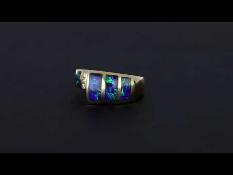Beautiful Blue-Green Opal Inlay Ring Set in 14K Yellow Gold with Diamond Accents. 200 00738