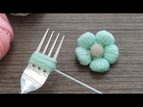 Super Easy Woolen Flower making with Fork | Easy Hand Embroidery Woolen Flower design