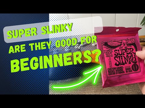 Ernie Ball Super Slinky review guitar strings which are GREAT for beginners.