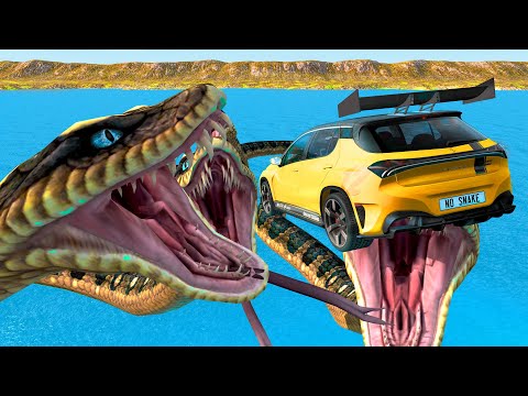 BeamNG.Drive - Jumping Crashes&Deadly Fall into Giant Snakes River