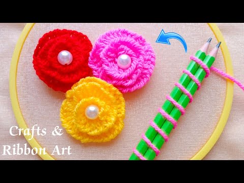 Super Easy Woolen Rose Making Idea with Pencils - Hand Embroidery Amazing Trick - DIY Woolen Flowers