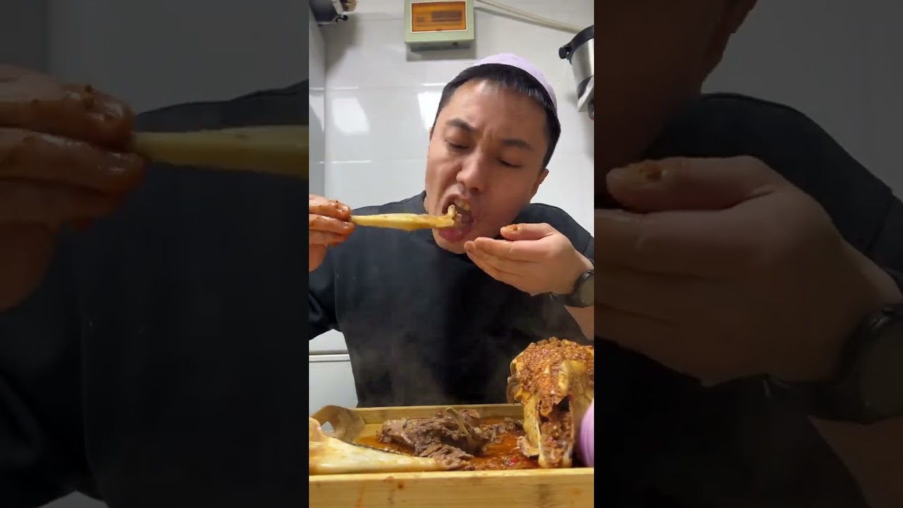 Chinese people eating spicy braised goat's head.