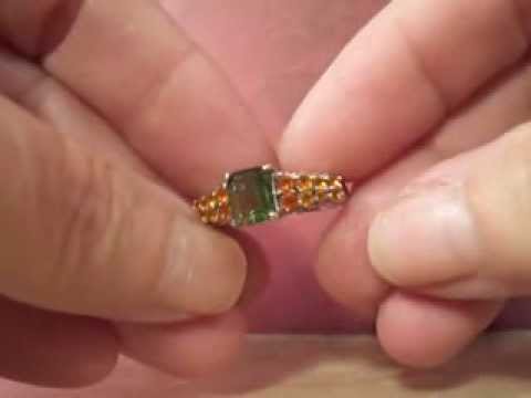 Moldavite & Fire Opal Sterling Silver Ring Platinum Overlay - Size 6