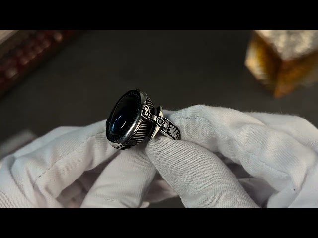 خاتم رجالي فضة استرليني مزين بحجر أونكس أسود