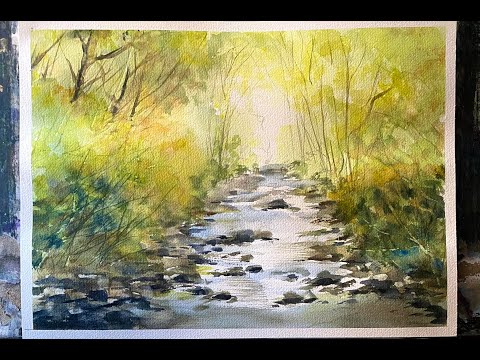 Lois' Simple BEGINNERS Sunlit Woodland Stream Watercolour Landscape, watercolor painting tutorial
