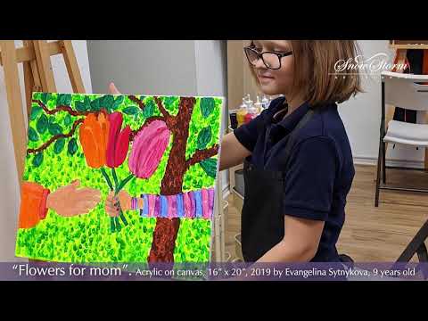 Artwork “Flowers for mom” Evangelina Sytnykova, 9 years old. Acrylic on canvas, 16” x 20”, 2019